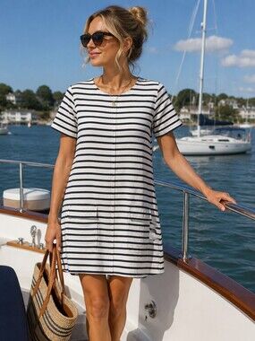 Banana Republic Striped Shift Mini Dress XL Ivory Black Nautical Pockets Chic